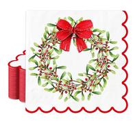 AnyDesign 100 Pcs Christmas Paper Napkins Bow Holly Berry Wreath Scalloped Disposable Napkins Watercolor Luncheon Dinner Napkin for Xmas Winter Holiday Party Table Supplies