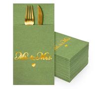 AnyDesign 100 Pcs Sage Green Wedding Linen Feel Napkins with Built-in Flatware Pocket Gold Foil Mr and Mrs Disposable Paper Napkins for Wedding Bridal Party Dinner Table Supplies