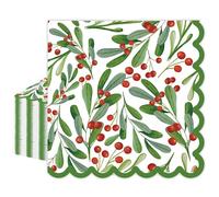 AnyDesign 100Pcs Christmas Cocktail Beverage Napkins Disposable Xmas Holly Berry Scalloped Paper Napkin Decorative Dessert Hand Napkins for Party Supplies Tableware Decor