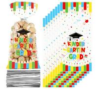AnyDesign 100Pcs Kindergarten Graduation Cellophane Bags Plastic Candy Goodie Bag Congrats Grad Colorful Pencil Cello Gift Bags with Twist Ties for Preschool Grad Party Supplies