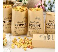 AnyDesign 100Pcs Thanks for Poppin' By to Celebrate Popcorn Bags Wedding Engagement Disposable Paper Treat Bag Kraft Grease Resistant Goodie Snack Bags for Bridal Shower Favors