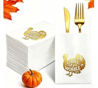 AnyDesign 100Pcs Thanksgiving Turkey Linen Feel Napkins with Built-in Flatware Pocket Gold Foil Turkey Disposable Paper Hand Towel Prefolded for Fall Autumn Party Dinner Table Decor