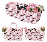 AnyDesign 12 Pcs Halloween Empty Gift Basket Pink Ghost Bat Boo Print Bags with Handles Candy Goodie Paper Treat Baskets for Halloween Party Favors Decor, 9.8 x 6.7 x 4.3 Inch
