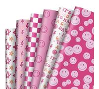 AnyDesign 12 Sheet Pink Preppy Wrapping Paper Smile Face Star Gift Wrap Paper Bulk Decorative Art Paper for Birthday Wedding Baby Shower DIY Crafts, 19.7 x 27.6 Inch, Folded Flat