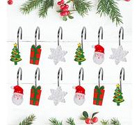AnyDesign 12Pcs Christmas Shower Curtain Hooks 4 Design Xmas Decorative Curtain Hanger Hooks Santa Claus Gift Box Xmas Tree Snowflake Curtain Rings for Christmas Bathroom Holiday Ornament Decoration