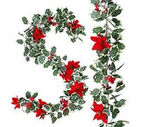 AnyDesign 15.7Ft Christmas Artificial Garlands with Red Poinsettias Berries Holly Leaves and Snowy Pine Cones Faux Vine Hanging Garlands for Winter Xmas Party Home Wedding Frame Backdrop Decor, 2Pcs