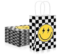 AnyDesign 16Pcs One Happy Dude Party Favor Bags Smile Face Paper Gift Bag with Handles Checkered Plaid Grocery Treat Bag for Baby Shower First Birthday Party Decor Supplies