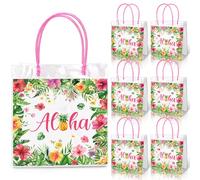 AnyDesign 24 Pcs Hawaiian Aloha Clear Plastic Gift Bags with Handles Palm Leaf Floral Reusable PVC Goodie Favor Bag for Summer Tropical Aloha Festival Luau Holiday Party Supplies