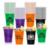 AnyDesign 48Pcs Halloween Plastic Cups 16oz Orange Black Purple Green Disposable Stadium Cups Spooky Trick or Treat Party Cups for Hot Cold Drinks Coffee Juice Beer Candy Snacks