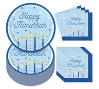 AnyDesign 48Pcs Happy Hanukkah Tableware Set Blue Candle Star Disposable Dinnerware 24Pcs Paper Plate 24Pcs Dinner Napkin For Chanukah Party Supplies Table Decor