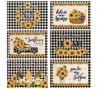 AnyDesign 6Pcs Sunflower Placemats Spring Summer Flower Gnome Truck Table Place Mats Non-Slip Heat Resistant Washable Buffalo Plaids Floral Kitchen Dinner Table Decoration, 12 x 18 Inch