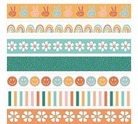 AnyDesign 80Ft Boho Bulletin Board Borders Colorful Boho Rainbow Flower Trim Borders Groovy Retro Bulletin Board Stickers for School Classroom Office Boho Party Decoration