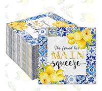 AnyDesign 80Pcs Lemon Cocktail Paper Napkins Disposable She Found Her Main Squeeze Decorative Napkins Blue Tiles Print Beverage Napkin for Dinner Wedding Birthday Supplies, 5 x 5 Inch