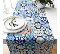 AnyDesign Blue Tile Print Table Runner Vintage Patchwork Kitchen Dining Table Decoration Spanish Style Table Cover for Home Kitchen Party Restaurant Supplies, 13 x 72 Inch