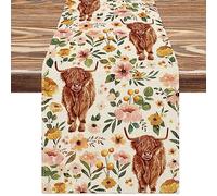 AnyDesign Boho Floral Highlander Cows Table Runner Watercolor Flower Kitchen Dining Table Decor Cute Highlander Cow Table Cover for Farmhouse Indoor Outdoor Home Party Table Decor, 13 x 72 Inch