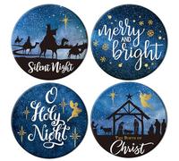 AnyDesign Christmas Coasters Set of 4 Holy Night Drink Coasters Blue Xmas Winter Holiday Nativity Scene Ceramic Cup Mat for Home Kitchen Table Decor, 4.1 x 0.3 Inch