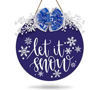 AnyDesign Christmas Door Sign Winter Let It Snow Door Sign Rustic Blue White Snowflake Door Hanger with Bow Berries for Indoor Outdoor Farmhouse Wall Window Decoration, 12 Inch