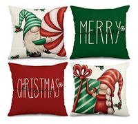 AnyDesign Christmas Pillow Covers Christmas Gnome Throw Pillow Case 18 x 18 Inch Decorative Red Green Merry Christmas Cushion Cover for Home Couch Sofa Farmhouse Decor, Set of 4
