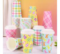 AnyDesign Easter Paper Coffee Cups with Lids Colorful Plaid Easter Egg Bunny Rabbit Disposable Drinking Cups 16 Oz To Go Coffee Cup for Spring Holiday Party Supplies Decorations, 48 Pcs