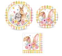 AnyDesign Easter Tableware Sets Serves 24 Colorful Buffalo Plaids Bunny Rabbit Flower Disposable Paper Plates with Luncheon Napkins Decorative Dinnerware for Spring Birthday Party Table Decor, 72 Pcs