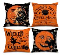 AnyDesign Halloween Pillow Cover Vintage Creepy Witch Throw Pillowcase 18 x 18 Inch Orange Moon Black Cat Decorative Cushion Case for Farmhouse Home Sofa Couch Chair Car, Set of 4