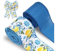 AnyDesign Lemon Wired Edge Ribbon 20 Yards Blue Tile Lemon Fabric Craft Ribbon for Spring Summer Baby Shower Birthday Gift Wrapping Wreath Bow DIY Crafts, 2 Roll