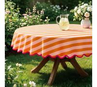 AnyDesign Orange Pink Striped Round Tablecloth 60 Inch Boho Table Cover | Scalloped Edge Waterproof Fabric Table Cover Farmhouse Table Decoration for Baby Shower Wedding Party Home Kitchen Dining