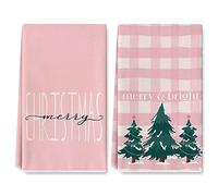 AnyDesign Pink Christmas Kitchen Towel Plaids Xmas Tree Dish Towel 18 x 28 Inch Merry & Bright Hand Drying Tea Towel for Cooking Wiping, 2Pcs