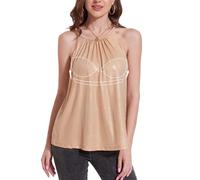 ANYFITTING Camisole Top for Women Built in Bra Women Sparkly Metallic Sleeveless Tops Glitter Blouse Halter Tank Top for Night Club Party Performance Costume Vest UK Shiny-Gold L