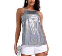 ANYFITTING Camisole Top for Women Built in Bra Women Sparkly Metallic Sleeveless Tops Glitter Blouse Halter Tank Top for Night Club Party Performance Costume Vest UK Shiny-Black L