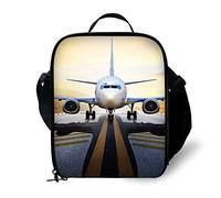 ANYFOCUS 3D Airplane Print Kids Lunch Bag Durable Insulated Lunchbox Small Black Lunch Box for Children Boys Girls Customized Cooler Bag with Adjustable Shoulder Strap