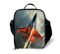 ANYFOCUS 3D Airplane Print Kids Lunch Bag Durable Insulated Lunchbox Small Black Lunch Box for Children Boys Girls Customized Cooler Bag with Adjustable Shoulder Strap