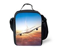 ANYFOCUS 3D Airplane Print Kids Lunch Bag Durable Insulated Lunchbox Small Black Lunch Box for Children Boys Girls Customized Cooler Bag with Adjustable Shoulder Strap
