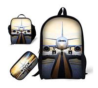 ANYFOCUS Students Backpack with Lunch Bag and Pencil Bag，17" Bookbag 3D Airplane Print for Kids