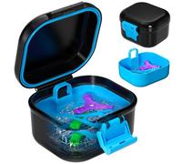 ANYLEY Leak Proof Denture Case, Portable Soaking Retainer Cleaner Case with Strainer, Secure Lock Cleaning Box for Dentures & Braces | Universal Seniors, Athletes & Orthodontics (Black+Blue)