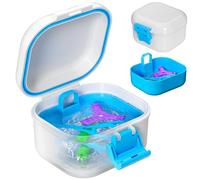 ANYLEY Leak Proof Denture Case, Portable Soaking Retainer Cleaner Case with Strainer, Secure Lock Cleaning Box for Dentures & Braces | Universal Seniors, Athletes & Orthodontics (White + Blue)