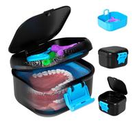 ANYLEY Leak-Proof Denture Case, Upgraded Double-layer Denture Bath Case with Strainer, Secure Lock Cleaning Box for Dentures | Universal Seniors, Athletes & Orthodontics (Black+Blue)