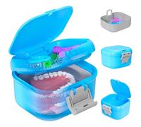 ANYLEY Leak-Proof Denture Case, Upgraded Double-layer Denture Bath Case with Strainer, Secure Lock Cleaning Box for Dentures | Universal Seniors, Athletes & Orthodontics (Sky Blue + Silver Gray)