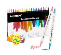 AnyMark 24 Colours Acrylic Paint Markers, Dual Tip with Brush Tip and Fine Tip Premium Acrylic Paint Pens for Stone, Wood, Calligraphy, Glass, Rock Painting, DIY Crafts