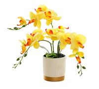 Anynoch 12.99inch Orange Three-pronged Artificial Orchid Flower in Pot Golden Bottom Yellow Pot Phalaenopsis Decoration for Living Room Bathroom Home Office Wedding Party (yellow)