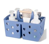 Anyoifax Portable Shower Caddy Plastic Basket with Wood Handle Divided Shower Tote Storage Organizer with Compartments for Bathroom, College Dorm, Kitchen, Bedroom - Dark Blue