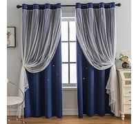 Anytime Black Out Romantic Kids Curtain, Hollow-Out Stars Window Curtain Double Layer Blackout Curtains for Girls Bedroom Kids Room 2Panel, (W52 x L84, Navy Blue)