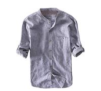 AnyuA Men's Stripe Shirt in Linen Retro Casual Slim Fit Blue L