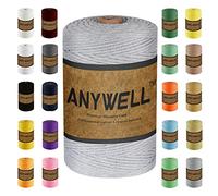 ANYWELL 3mm Light Grey Macrame Cord (200m) - 100% Cotton, 4-Strand Rope for Modern Wall Art & Plant Hangers | CE Certified, Undyed, Sustainable