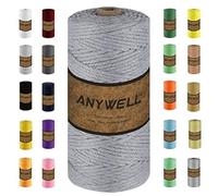 ANYWELL Light Grey Macrame Cord 3mm x 100m, Corde Macramé, Not Dyed, Colored Handmade Soft 4-Strand Twisted Macrame Cotton Rope, Wall Hanging, Plant Hanger, DIY Craft Making, Knitting