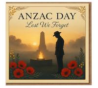 ANZAC Day 'Lest We Forget' Remembrance Card - Soldier Silhouette at Dawn with Eternal Flame, Cenotaph and Red Poppies - Memorial Sympathy Card