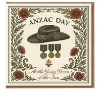 ANZAC Day Remembrance Card - Slouch Hat, Service Medals, Red Poppies and Eternal Flame, 'At the Going Down of the Sun' Tribute