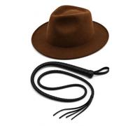ANZEE Adult Brown Explorer Costume Set Featuring Fedora Hat and Lightweight Bullwhip for Book Week Halloween Fancy Dress Cosplay (Hat Without Ribbon & Bull Whip Set)