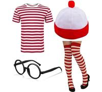 ANZEE Adult Explorer Costume Set Find Me If You Can Unisex Red White Stripe T Shirt Hat Glasses OTK Leg Warmer Scarf for Book Week DressUp (Pack of 4 T-Shirt+Hat+Glasses+OTK Red/White, 11-12 Years)