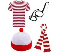 ANZEE Adult Explorer Costume Set Find Me If You Can Unisex Red White Stripe T Shirt Hat Glasses OTK Leg Warmer Scarf for Book Week DressUp (Pack of 4 T-Shirt+Hat+Glasses+Scarf, XL)